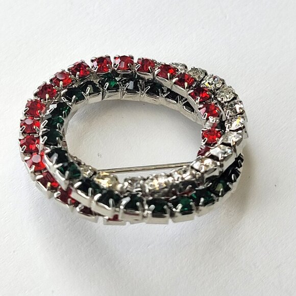 Vintage Red White And Green Rhinestone Triple Circle brooch Pin - Picture 2 of 6
